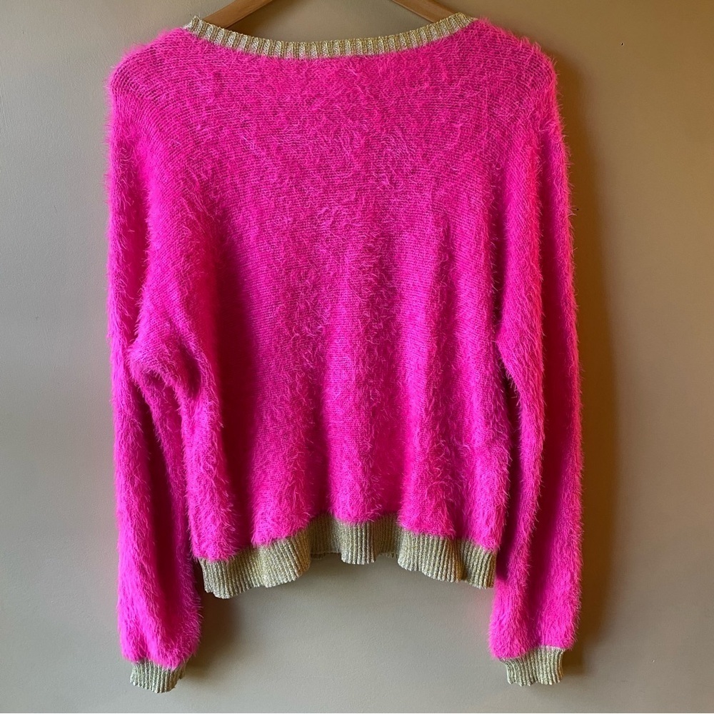 Y2K Women's Juicy Couture Pink & Gold Fuzzy Knit Sweater Size Medium Pocket - Picture 5 of 10